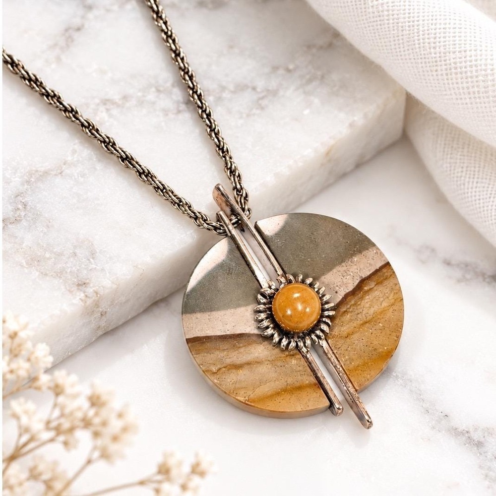 Fall Vintage Picture Jasper Sun Disc Gemstone Pendant Necklace Boho Southwestern